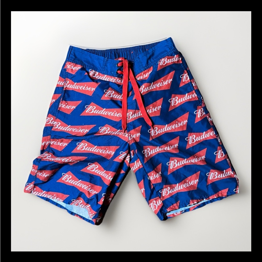 Budweiser Swim Trunks Men’s Size Small Blue Red All Over Logo
